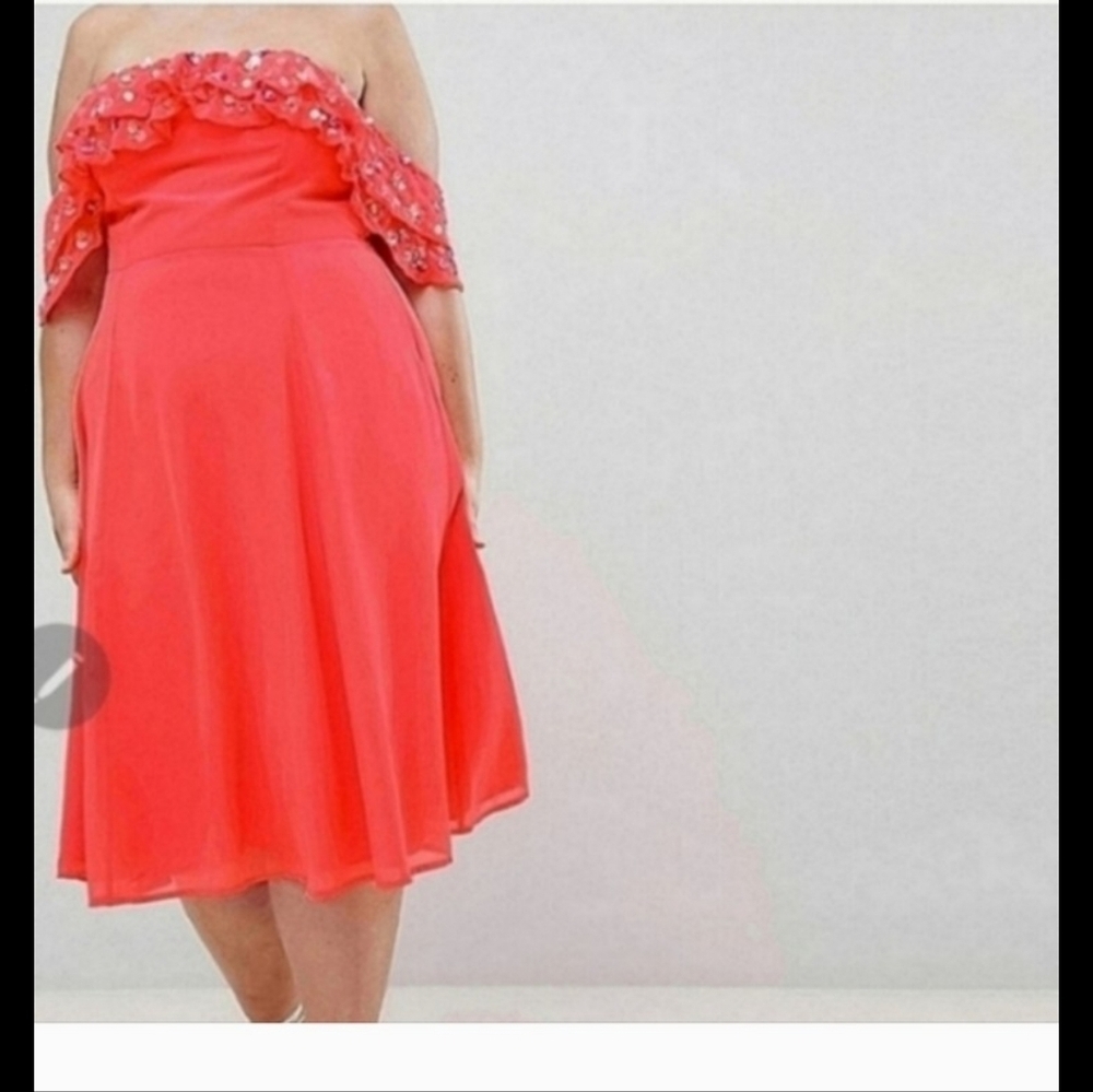 NWT STUNNING!!!!!! RARE HTF NWT ASOS 18 NEON CORAL EMBELLISHED OFF SHOULDer dres